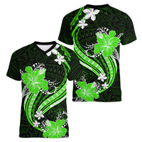 Green Polynesian Pattern With Tropical Flowers Women V Neck T Shirt LT05 - Polynesian Pride
