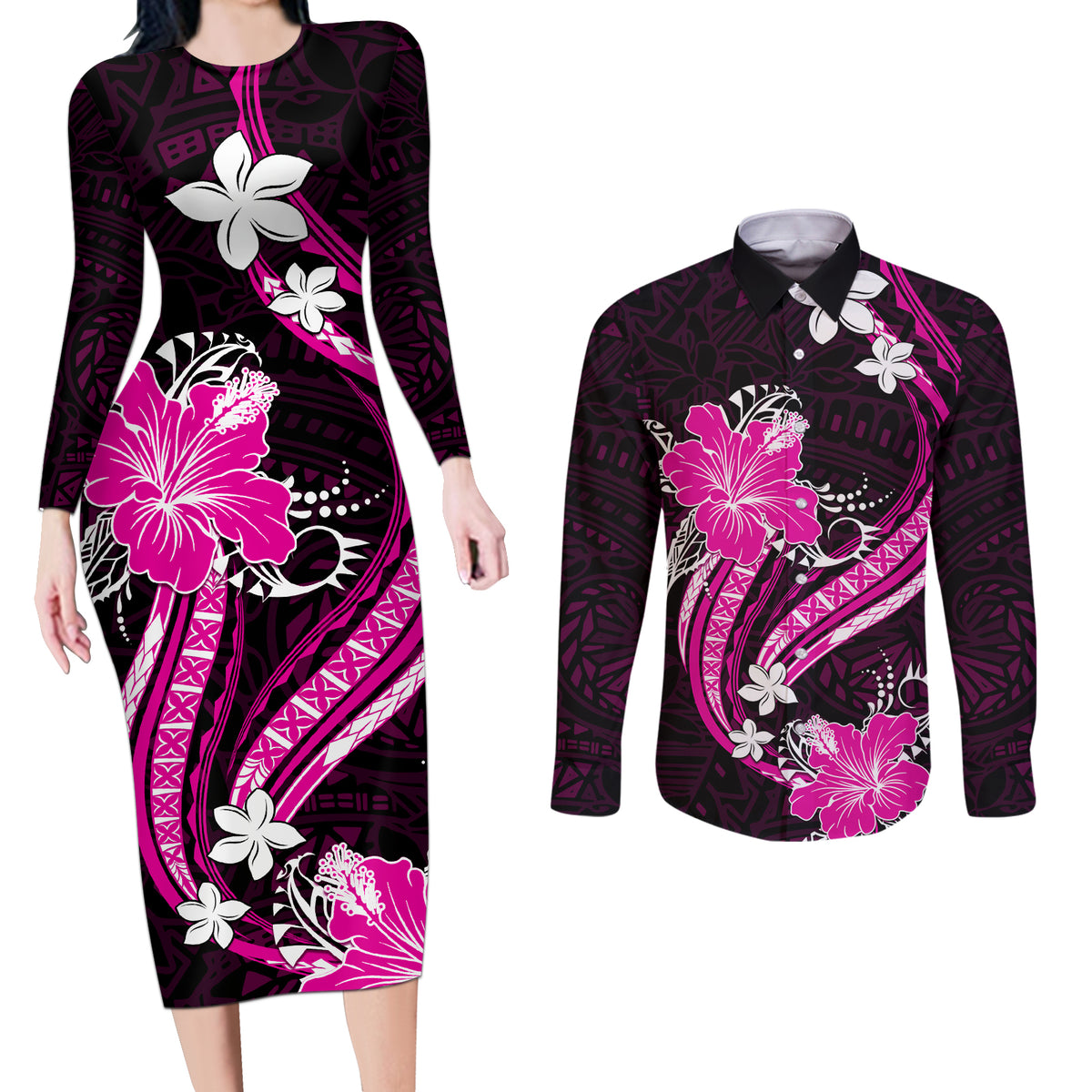 Pink Polynesian Pattern With Tropical Flowers Couples Matching Long Sleeve Bodycon Dress and Long Sleeve Button Shirt LT05 Pink - Polynesian Pride