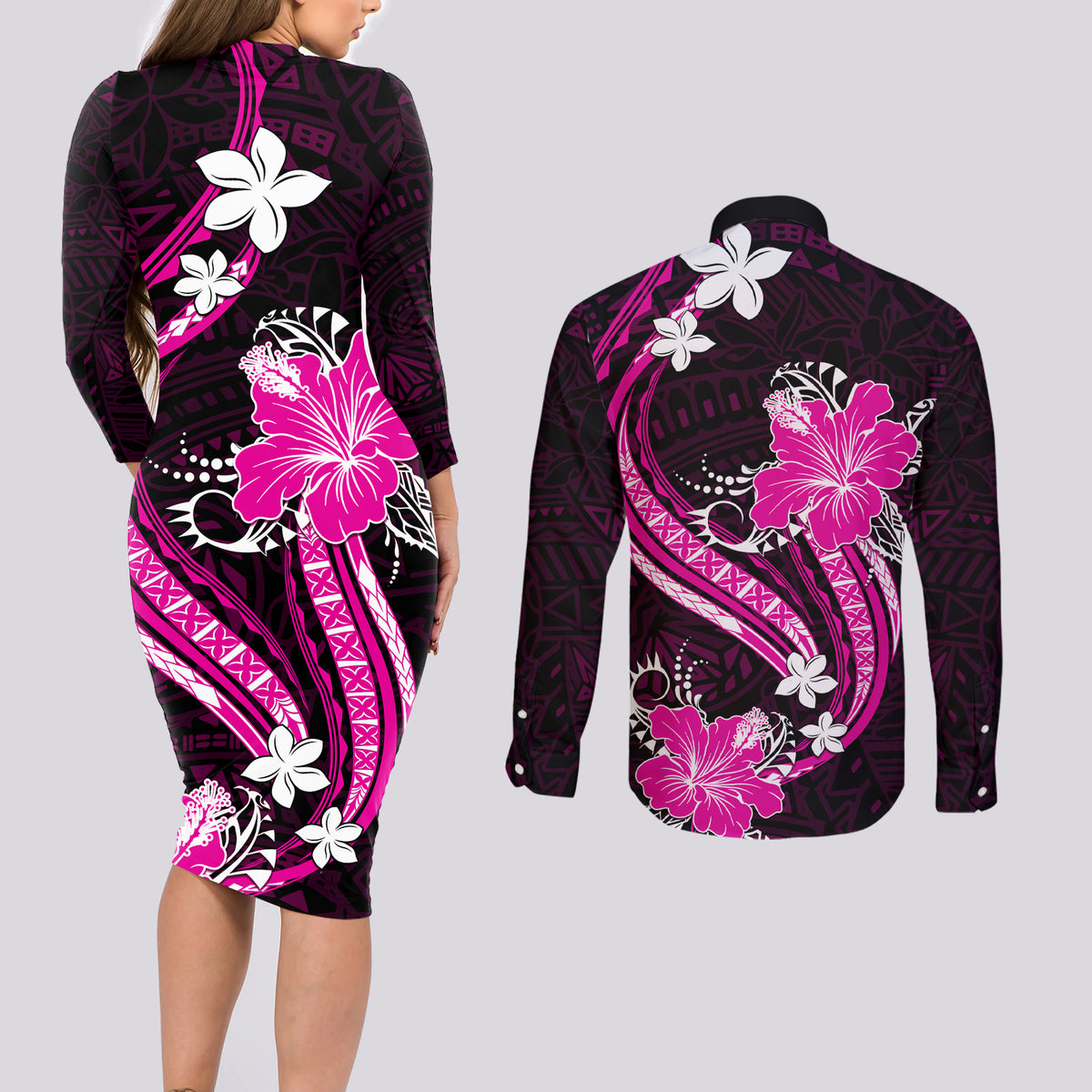 Pink Polynesian Pattern With Tropical Flowers Couples Matching Long Sleeve Bodycon Dress and Long Sleeve Button Shirt LT05 - Polynesian Pride