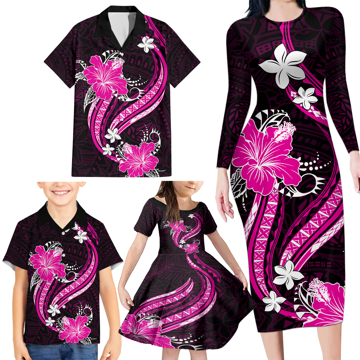 Pink Polynesian Pattern With Tropical Flowers Family Matching Long Sleeve Bodycon Dress and Hawaiian Shirt LT05 - Polynesian Pride