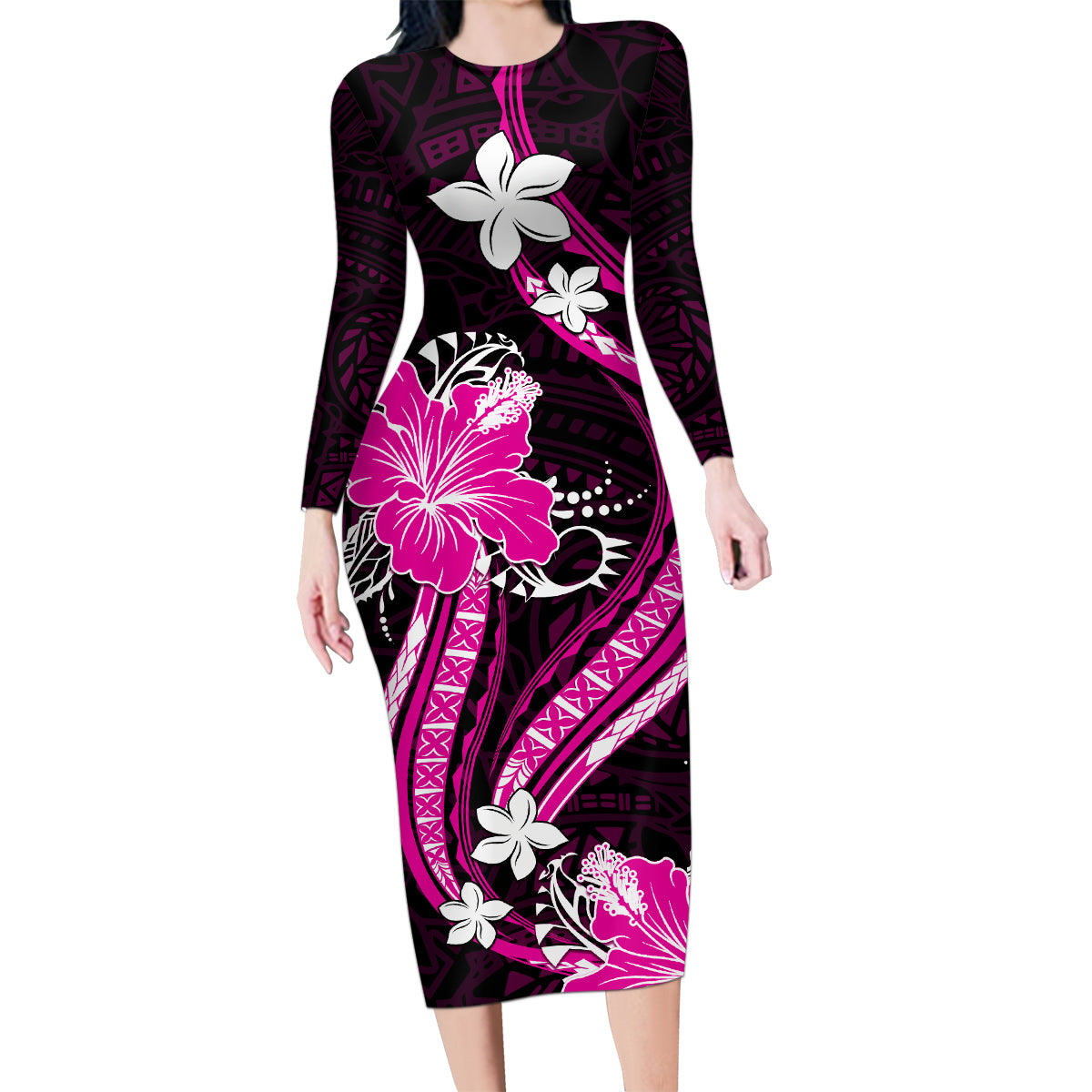 Pink Polynesian Pattern With Tropical Flowers Family Matching Long Sleeve Bodycon Dress and Hawaiian Shirt LT05 Mom's Dress Pink - Polynesian Pride