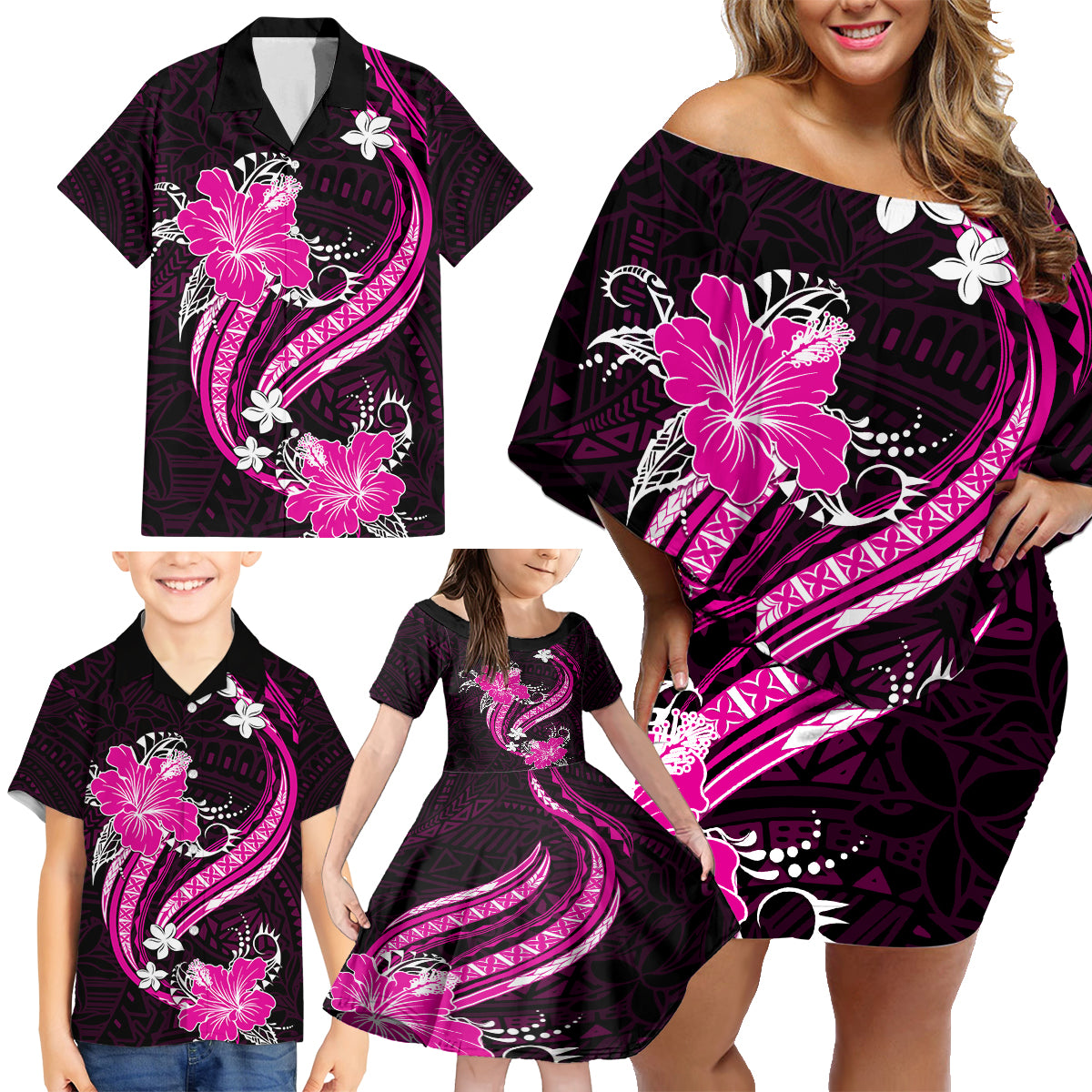 Pink Polynesian Pattern With Tropical Flowers Family Matching Off Shoulder Short Dress and Hawaiian Shirt LT05 - Polynesian Pride