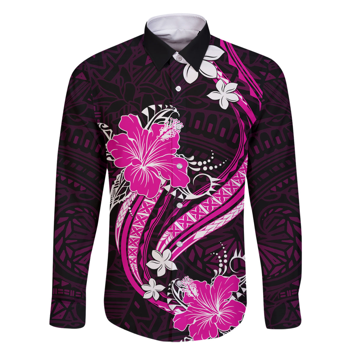 Pink Polynesian Pattern With Tropical Flowers Family Matching Off Shoulder Short Dress and Hawaiian Shirt LT05 Dad's Shirt - Long Sleeve Pink - Polynesian Pride