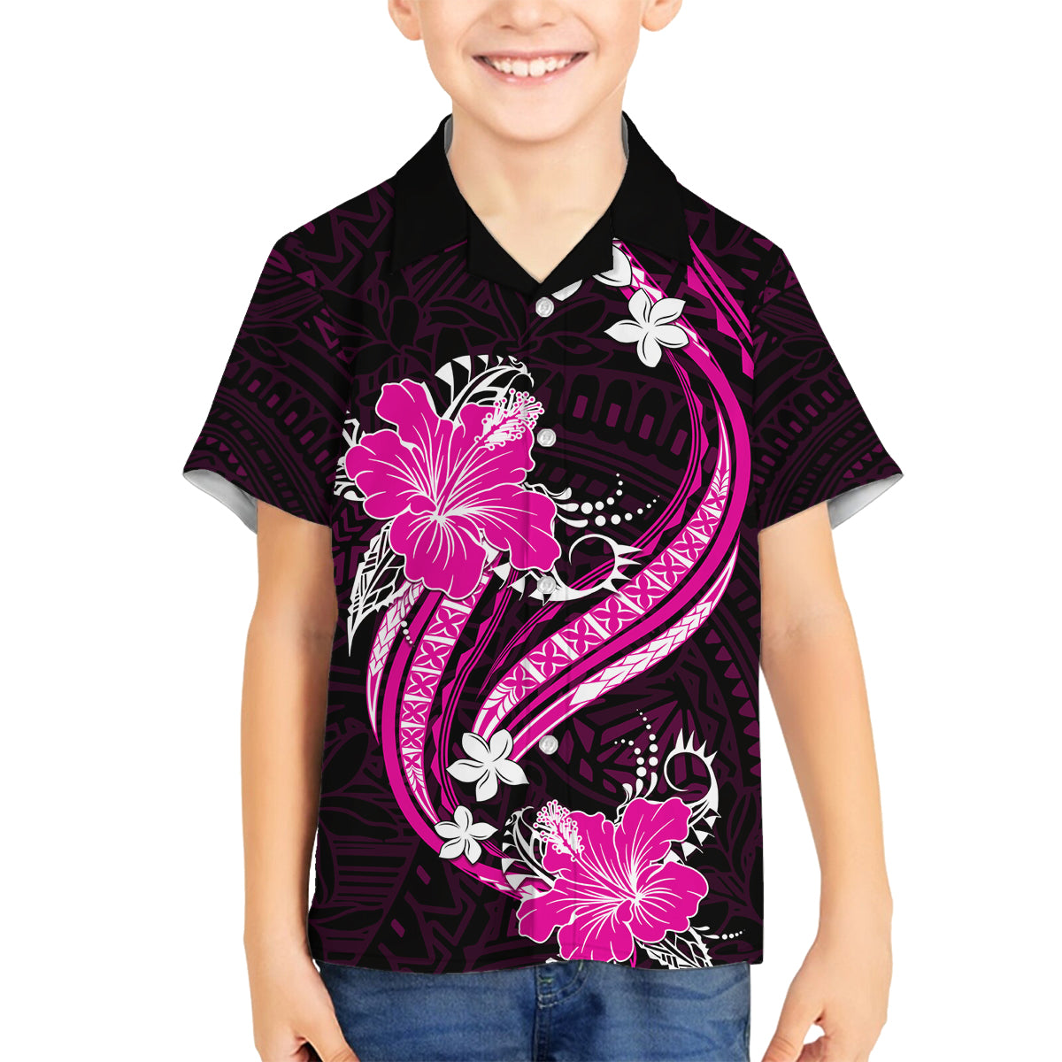 Pink Polynesian Pattern With Tropical Flowers Family Matching Off Shoulder Short Dress and Hawaiian Shirt LT05 Son's Shirt Pink - Polynesian Pride