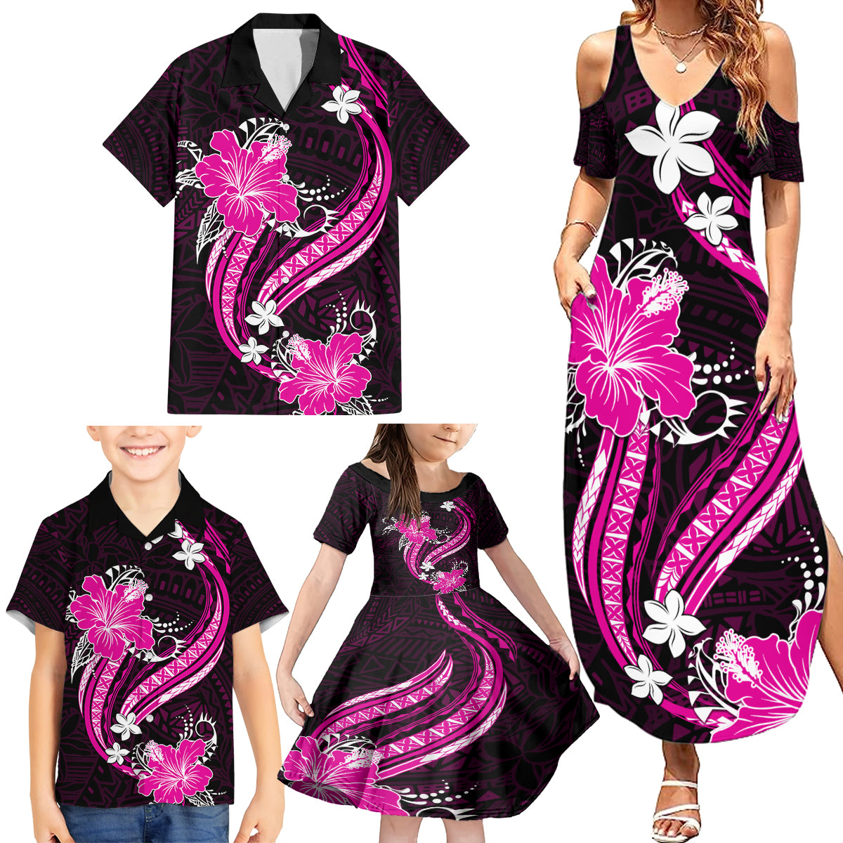 Pink Polynesian Pattern With Tropical Flowers Family Matching Summer Maxi Dress and Hawaiian Shirt LT05 - Polynesian Pride