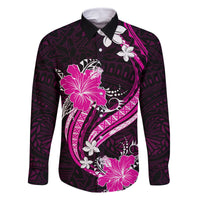 Pink Polynesian Pattern With Tropical Flowers Family Matching Summer Maxi Dress and Hawaiian Shirt LT05 Dad's Shirt - Long Sleeve Pink - Polynesian Pride