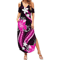Pink Polynesian Pattern With Tropical Flowers Family Matching Summer Maxi Dress and Hawaiian Shirt LT05 Mom's Dress Pink - Polynesian Pride