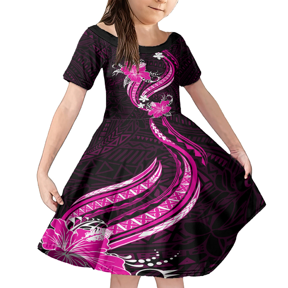 Pink Polynesian Pattern With Tropical Flowers Family Matching Tank Maxi Dress and Hawaiian Shirt LT05 Daughter's Dress Pink - Polynesian Pride