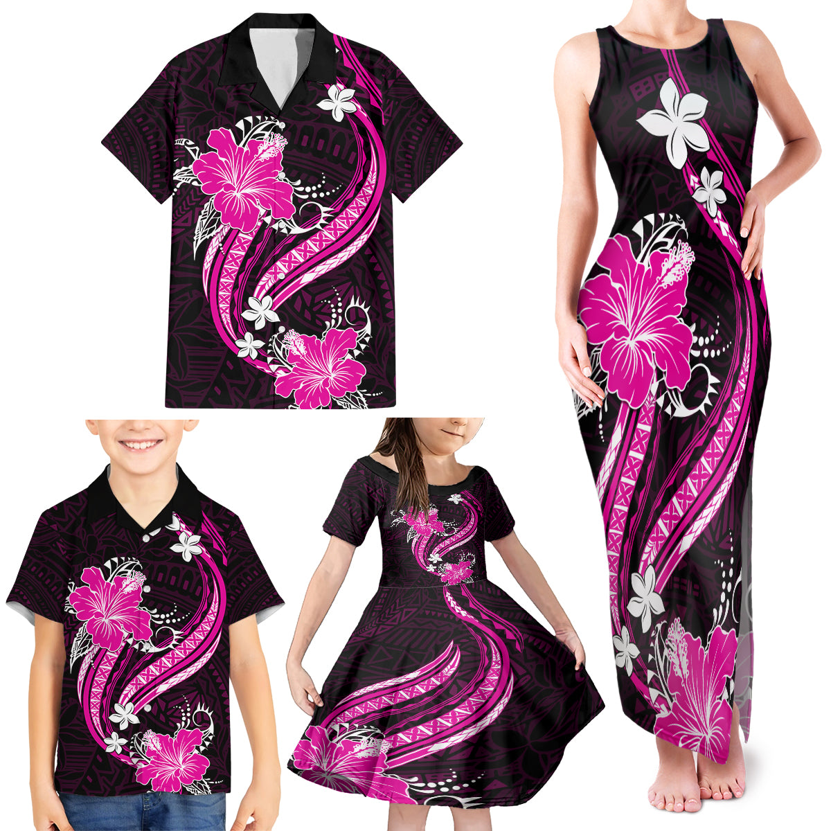 Pink Polynesian Pattern With Tropical Flowers Family Matching Tank Maxi Dress and Hawaiian Shirt LT05 - Polynesian Pride