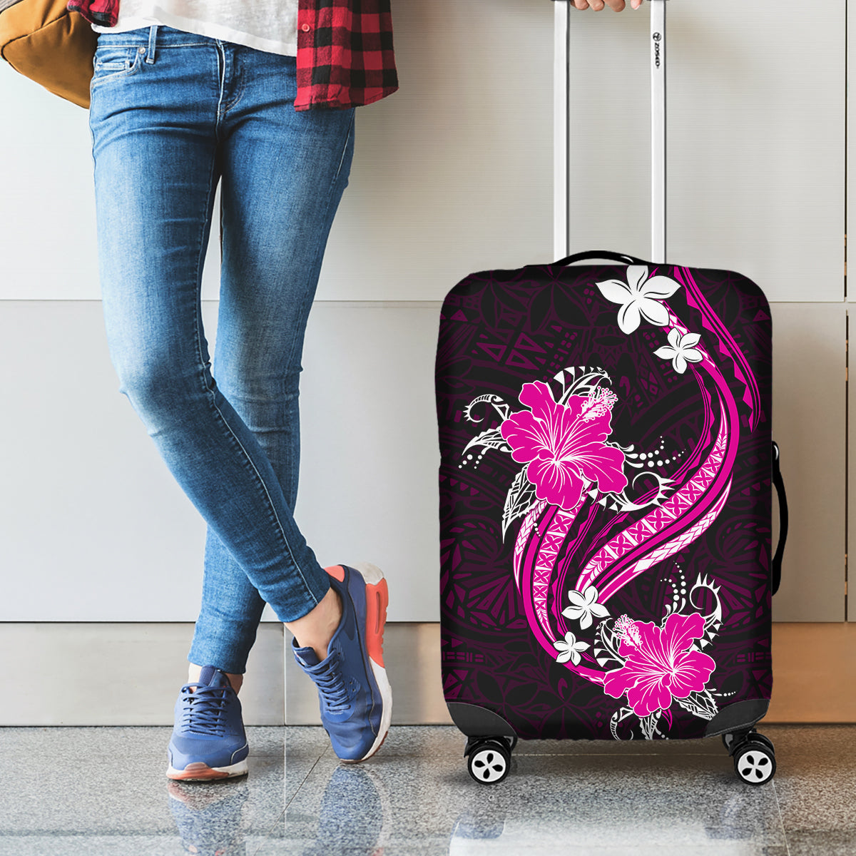 Pink Polynesian Pattern With Tropical Flowers Luggage Cover LT05 - Polynesian Pride