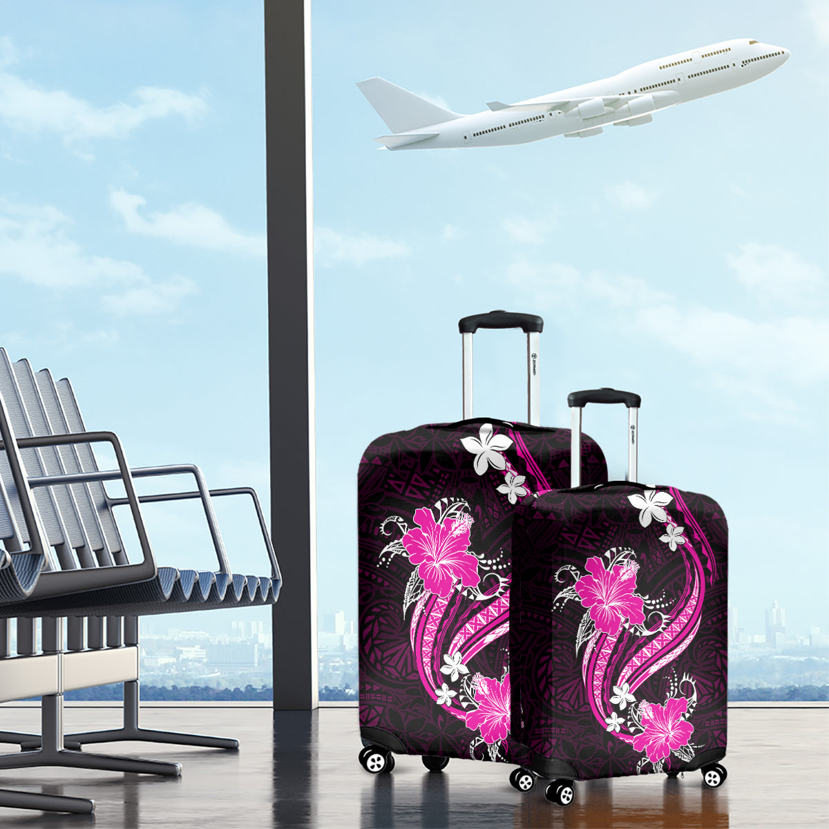 Pink Polynesian Pattern With Tropical Flowers Luggage Cover LT05 - Polynesian Pride