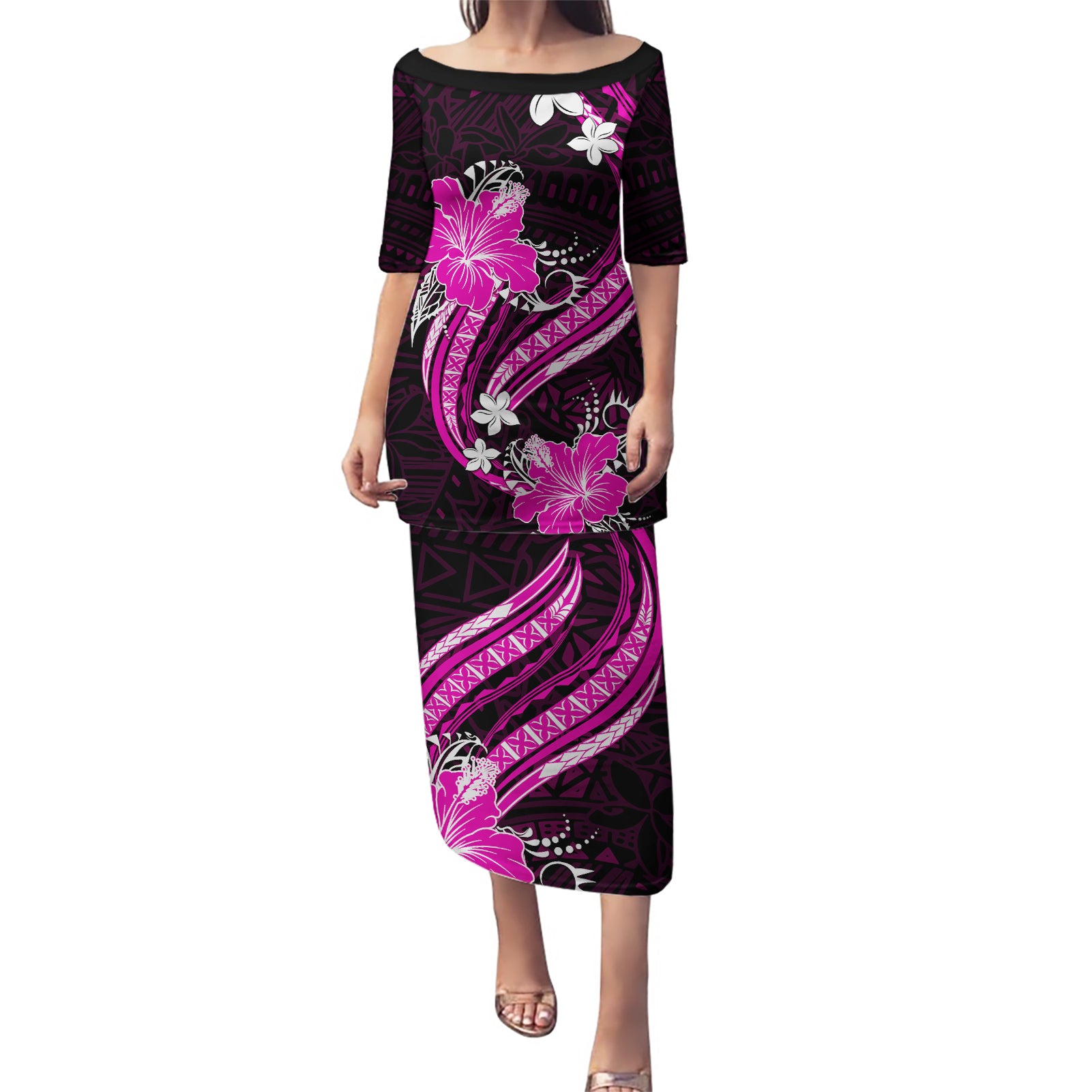 Pink Polynesian Pattern With Tropical Flowers Puletasi LT05 Long Dress Pink - Polynesian Pride