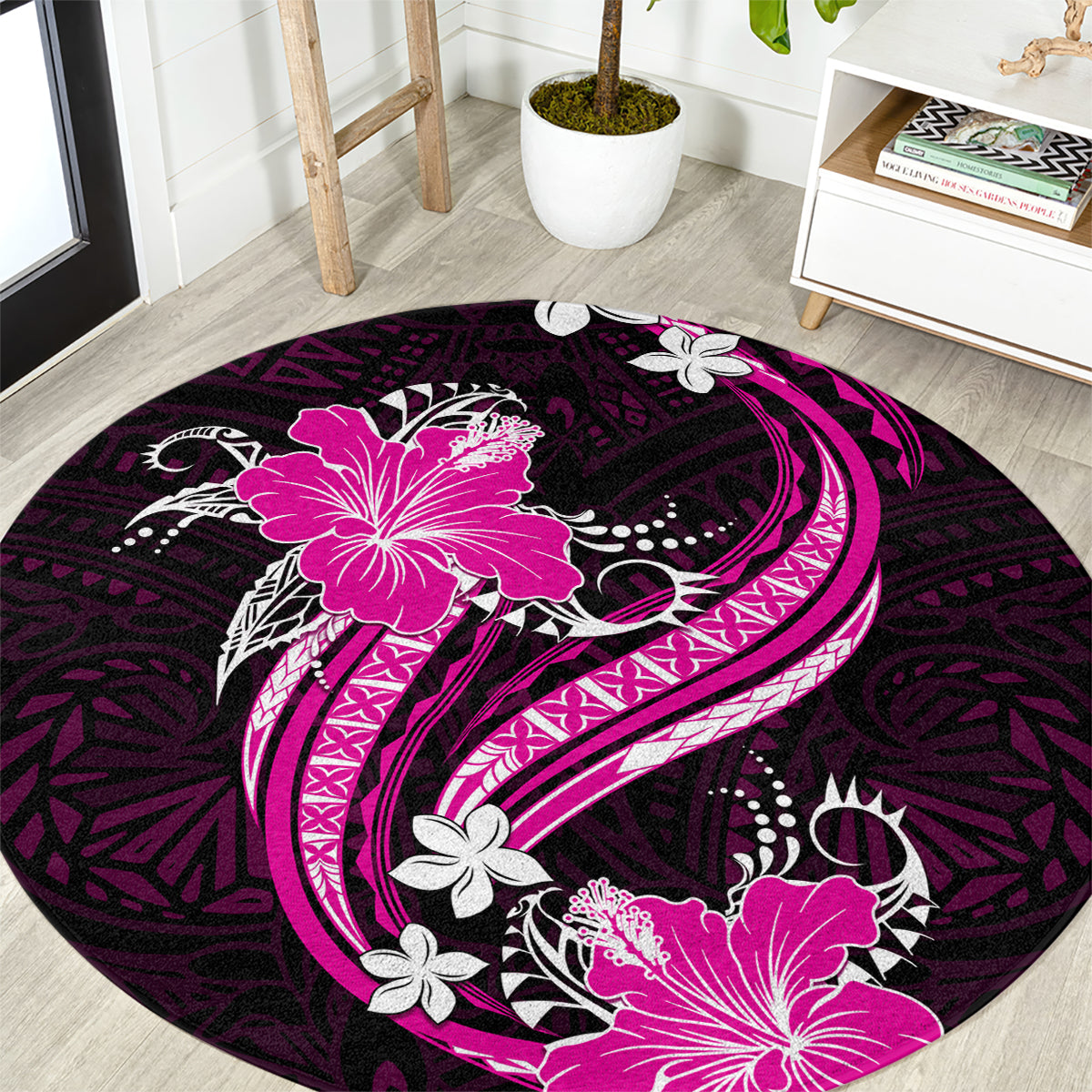 Pink Polynesian Pattern With Tropical Flowers Round Carpet LT05 Pink - Polynesian Pride