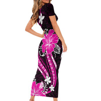 Pink Polynesian Pattern With Tropical Flowers Short Sleeve Bodycon Dress LT05 - Polynesian Pride