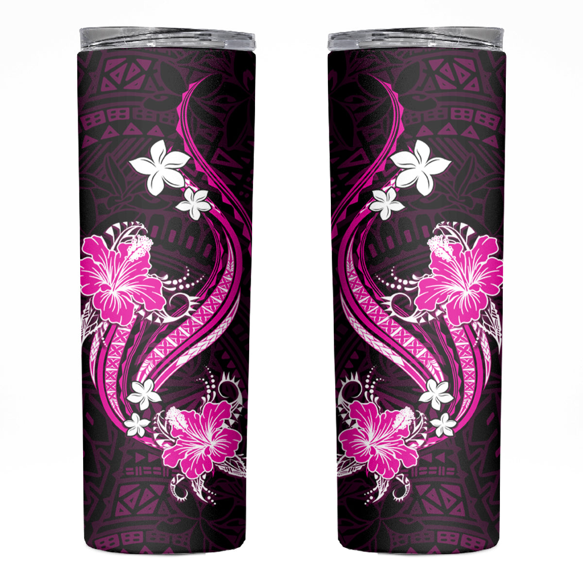 Pink Polynesian Pattern With Tropical Flowers Skinny Tumbler