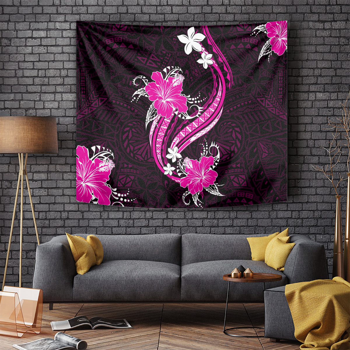 Pink Polynesian Pattern With Tropical Flowers Tapestry LT05 Pink - Polynesian Pride