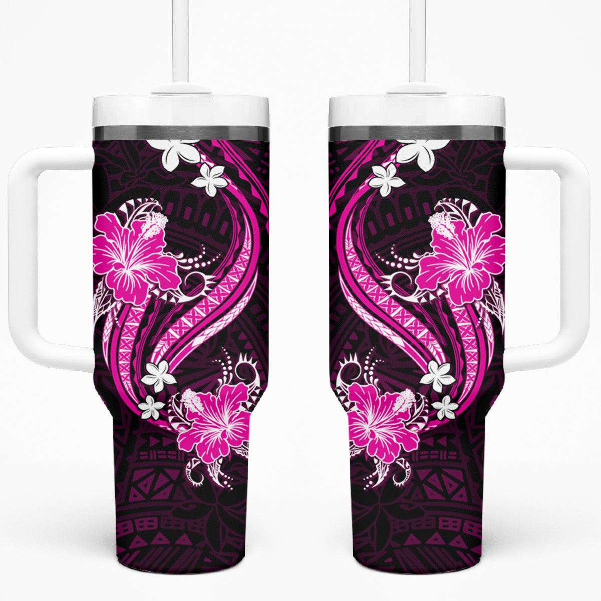 Pink Polynesian Pattern With Tropical Flowers Tumbler With Handle