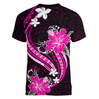 Pink Polynesian Pattern With Tropical Flowers Women V Neck T Shirt LT05 - Polynesian Pride