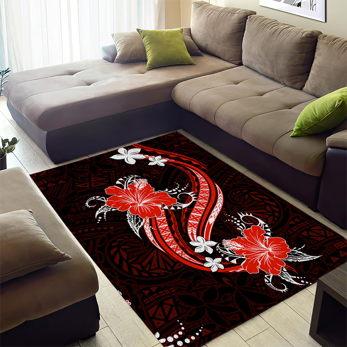 Red Polynesian Pattern With Tropical Flowers Area Rug LT05 - Polynesian Pride