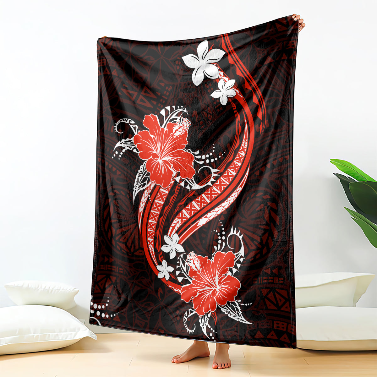 Red Polynesian Pattern With Tropical Flowers Blanket LT05 Red - Polynesian Pride