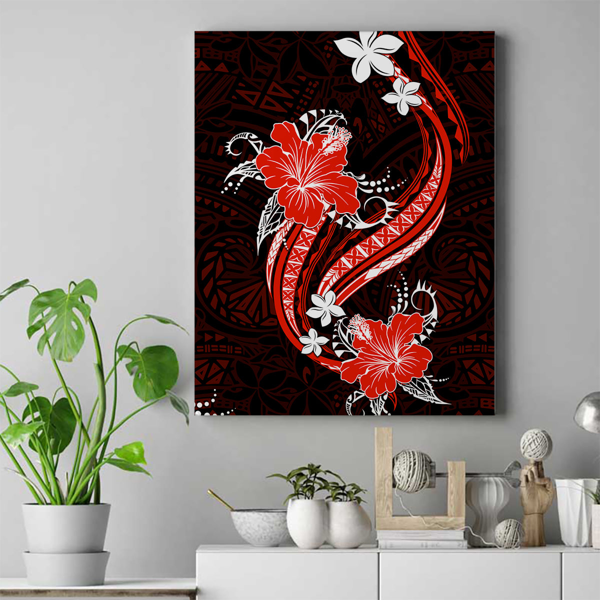 Red Polynesian Pattern With Tropical Flowers Canvas Wall Art LT05 Red - Polynesian Pride