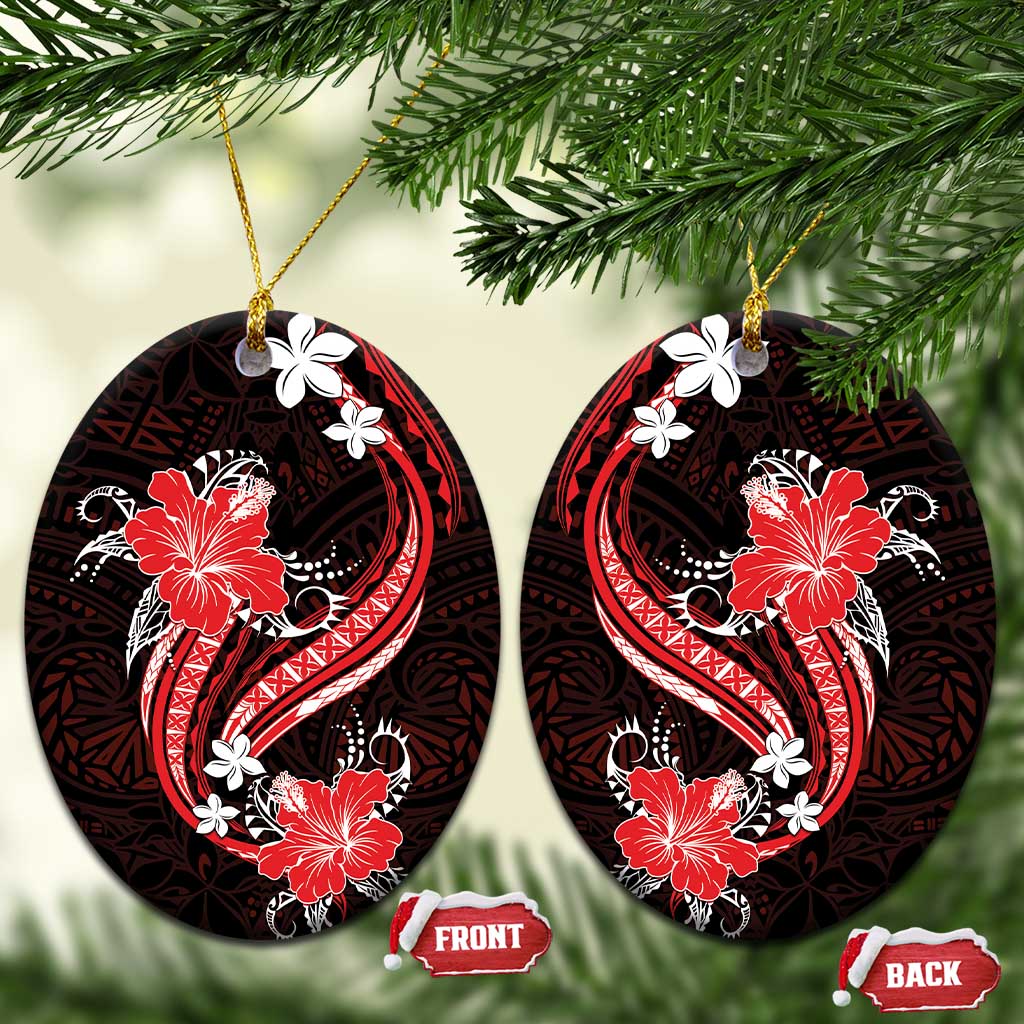 Red Polynesian Pattern With Tropical Flowers Ceramic Ornament LT05 Oval Red - Polynesian Pride