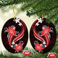 Red Polynesian Pattern With Tropical Flowers Ceramic Ornament LT05 Oval Red - Polynesian Pride