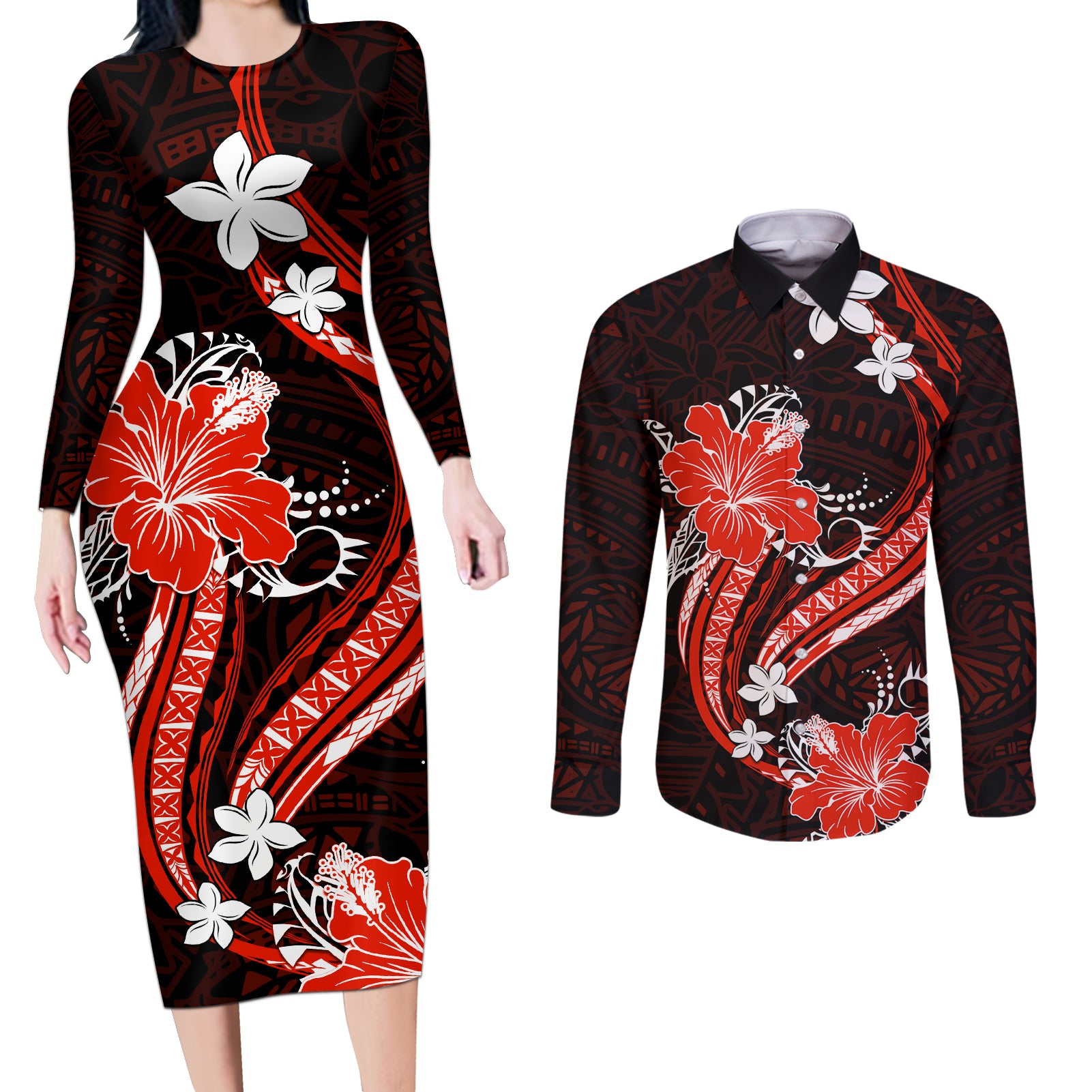 Red Polynesian Pattern With Tropical Flowers Couples Matching Long Sleeve Bodycon Dress and Long Sleeve Button Shirt LT05 Red - Polynesian Pride