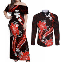 Red Polynesian Pattern With Tropical Flowers Couples Matching Off Shoulder Maxi Dress and Long Sleeve Button Shirt LT05 Red - Polynesian Pride