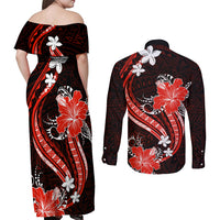 Red Polynesian Pattern With Tropical Flowers Couples Matching Off Shoulder Maxi Dress and Long Sleeve Button Shirt LT05 - Polynesian Pride
