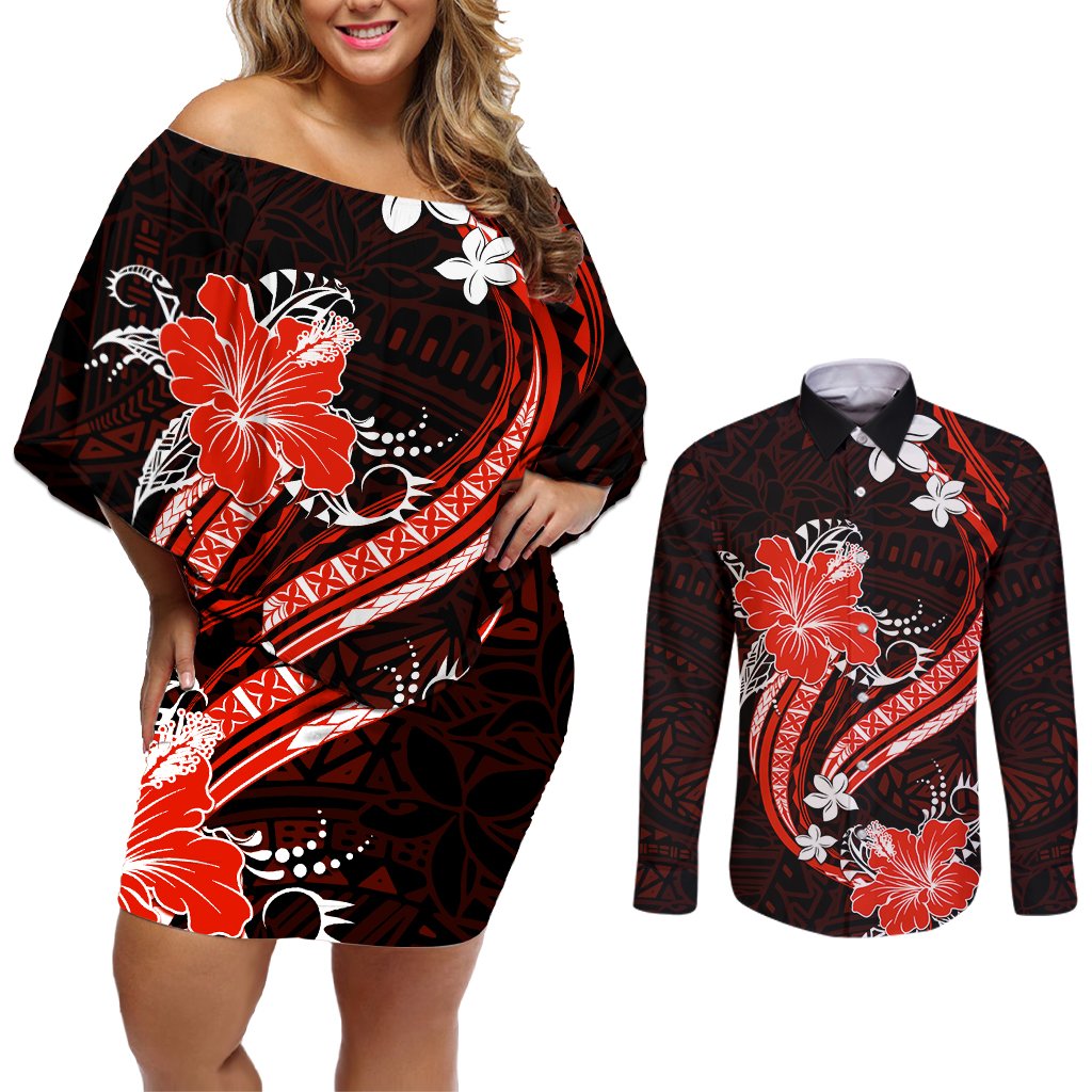 Red Polynesian Pattern With Tropical Flowers Couples Matching Off Shoulder Short Dress and Long Sleeve Button Shirt LT05 Red - Polynesian Pride