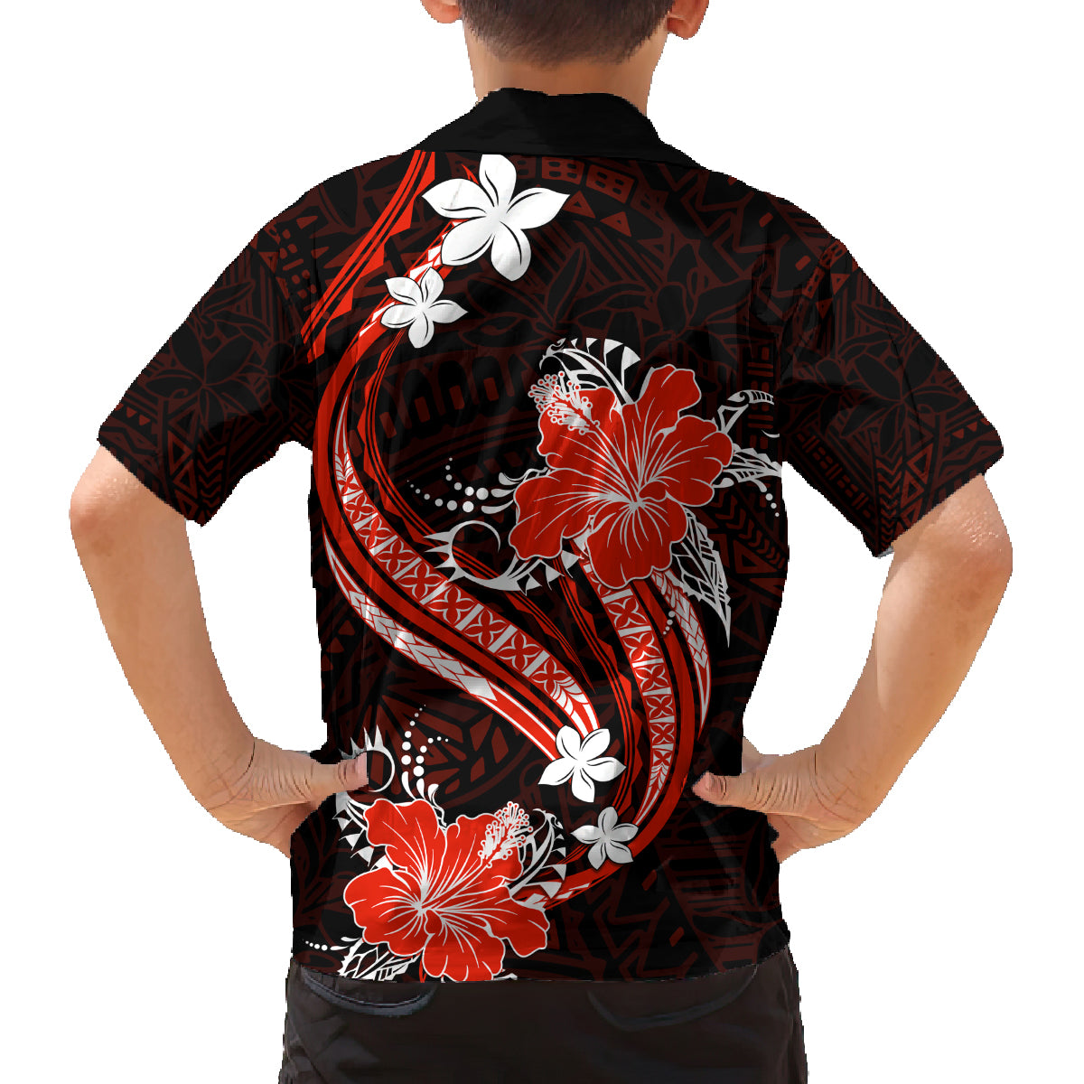 Red Polynesian Pattern With Tropical Flowers Family Matching Long Sleeve Bodycon Dress and Hawaiian Shirt LT05 - Polynesian Pride