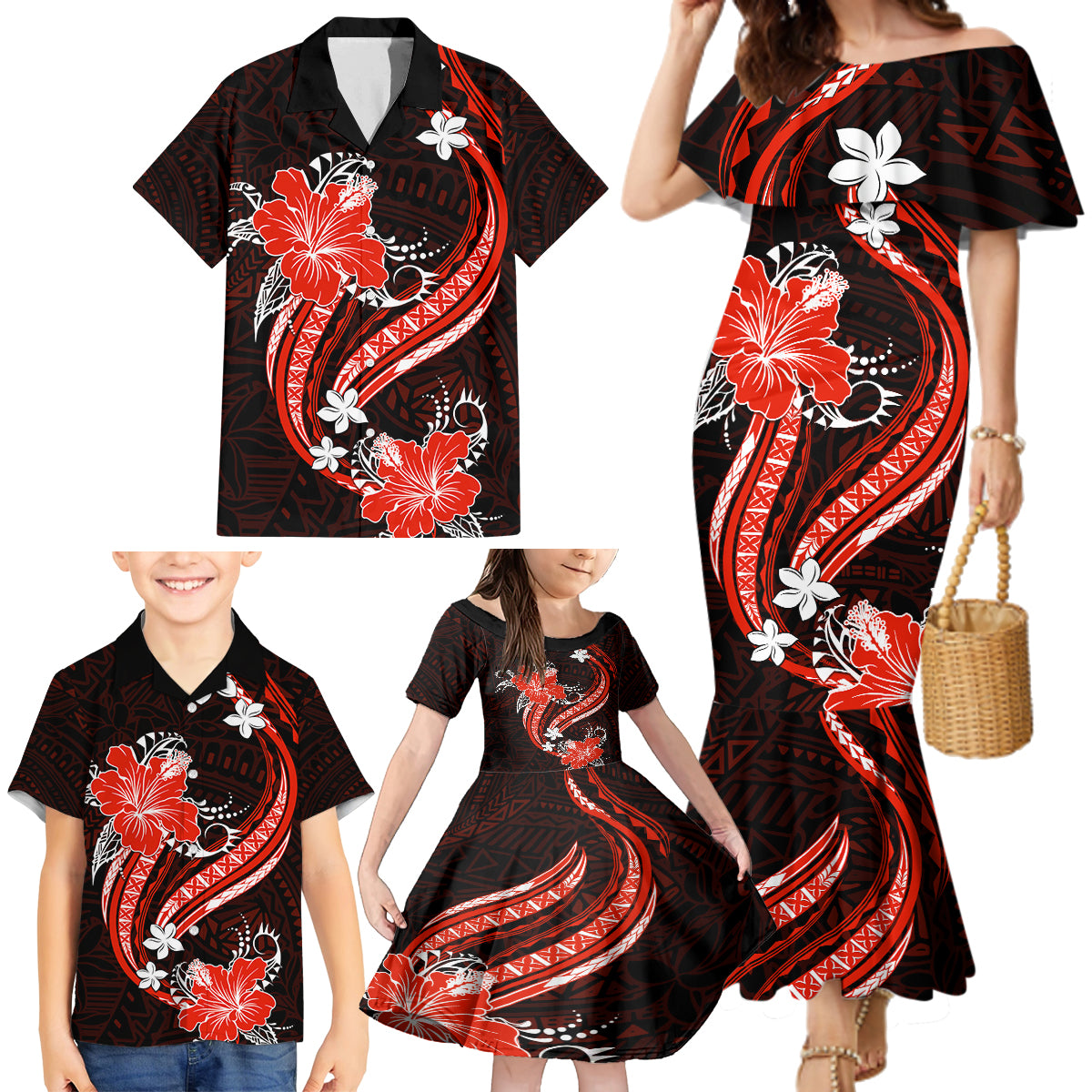 Red Polynesian Pattern With Tropical Flowers Family Matching Mermaid Dress and Hawaiian Shirt LT05 - Polynesian Pride