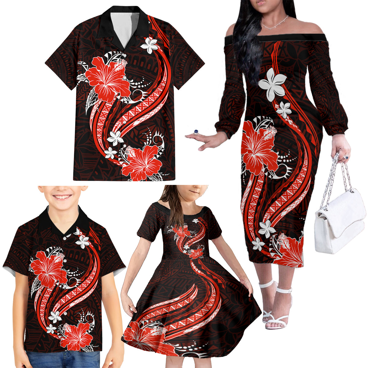 Red Polynesian Pattern With Tropical Flowers Family Matching Off Shoulder Long Sleeve Dress and Hawaiian Shirt LT05 - Polynesian Pride