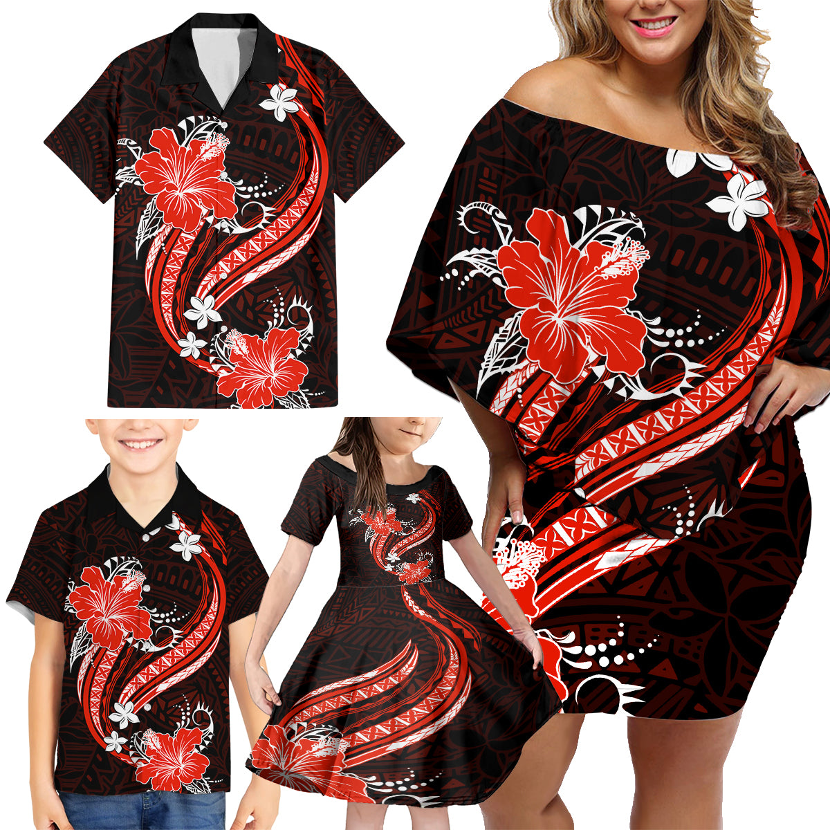 Red Polynesian Pattern With Tropical Flowers Family Matching Off Shoulder Short Dress and Hawaiian Shirt LT05 - Polynesian Pride