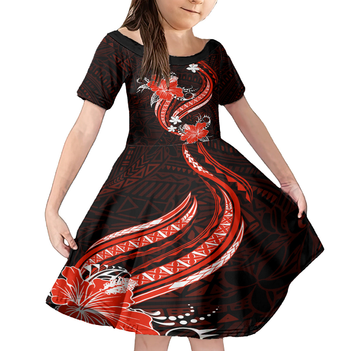 Red Polynesian Pattern With Tropical Flowers Family Matching Summer Maxi Dress and Hawaiian Shirt LT05 Daughter's Dress Red - Polynesian Pride