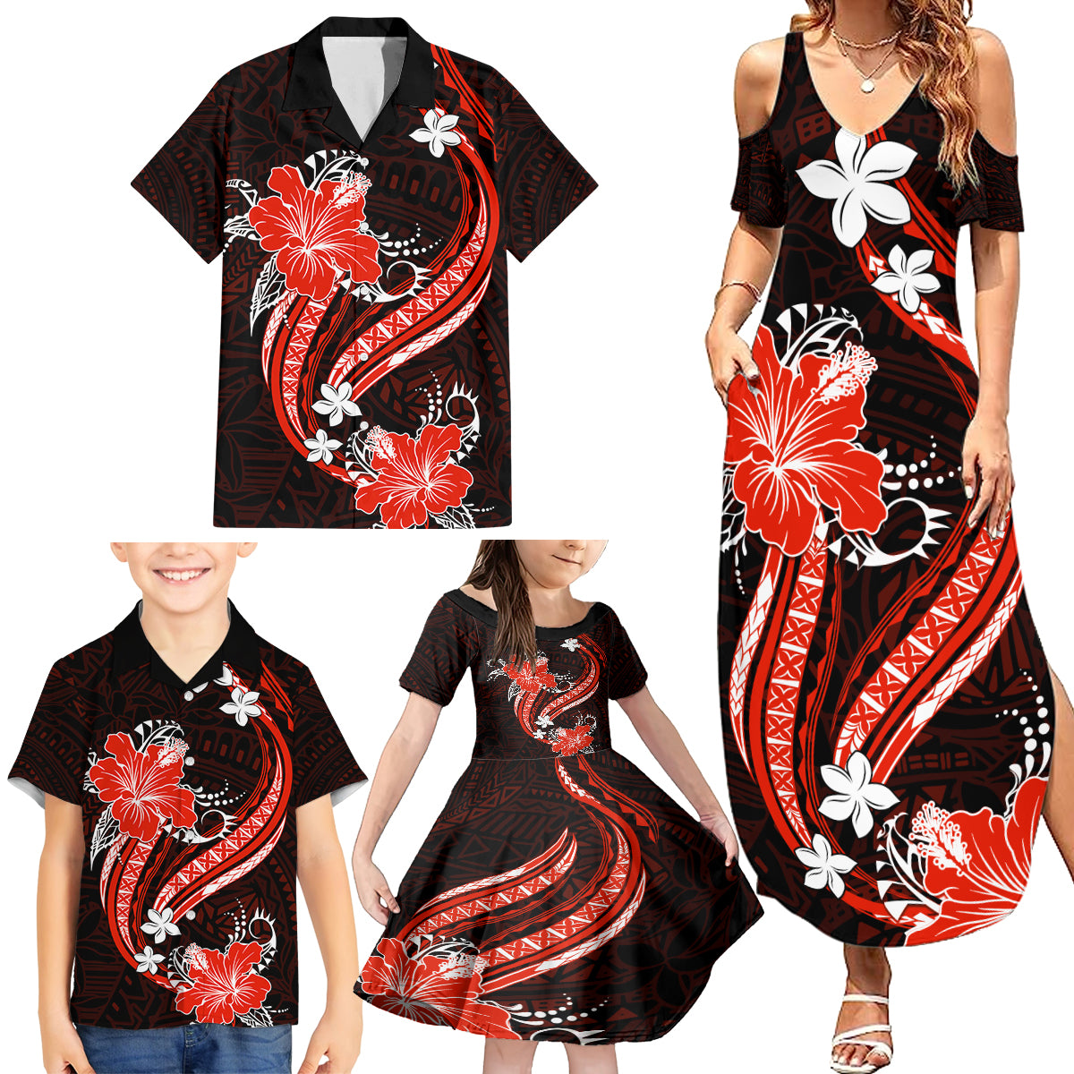 Red Polynesian Pattern With Tropical Flowers Family Matching Summer Maxi Dress and Hawaiian Shirt LT05 - Polynesian Pride