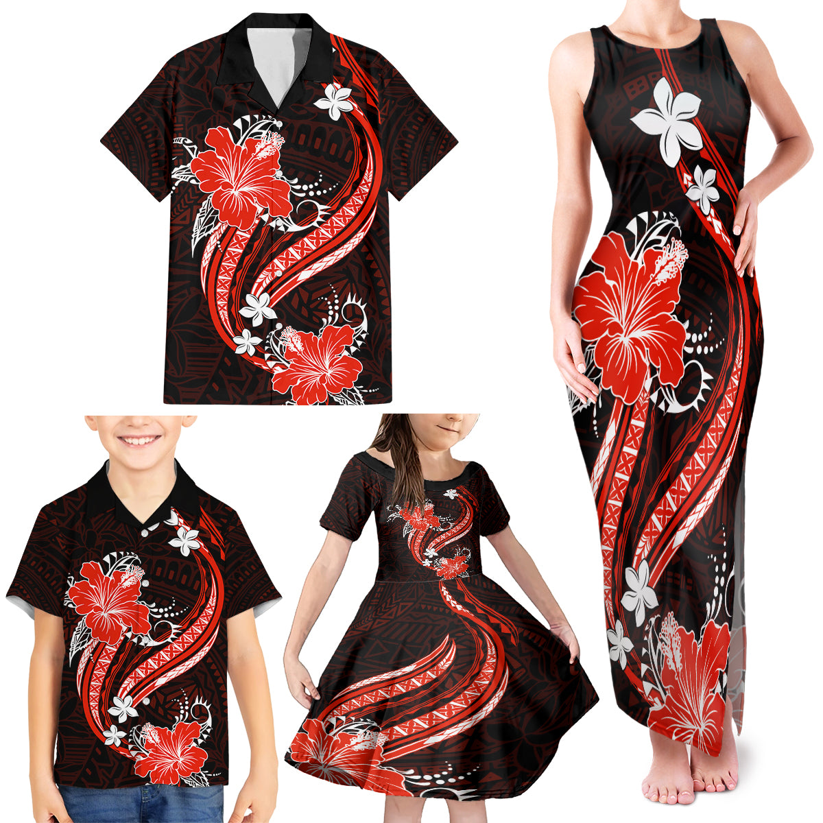 Red Polynesian Pattern With Tropical Flowers Family Matching Tank Maxi Dress and Hawaiian Shirt LT05 - Polynesian Pride