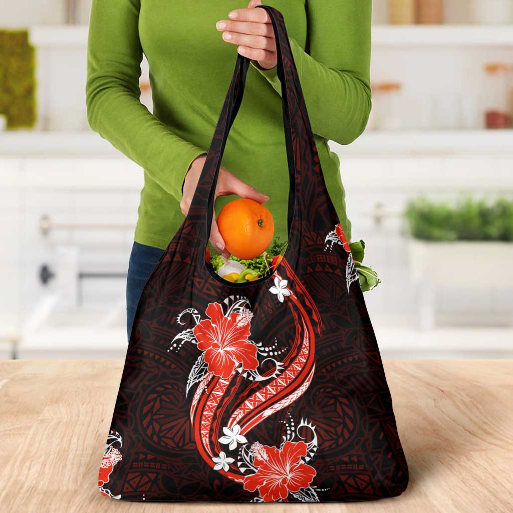 Red Polynesian Pattern With Tropical Flowers Grocery Bag