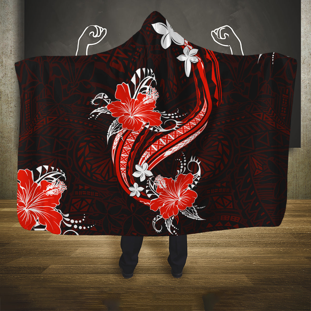 Red Polynesian Pattern With Tropical Flowers Hooded Blanket LT05 One Size Red - Polynesian Pride