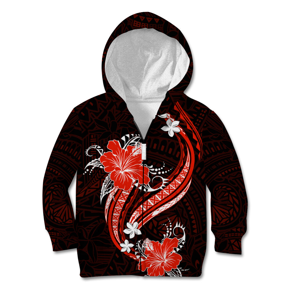 Red Polynesian Pattern With Tropical Flowers Kid Hoodie LT05 Zip Hoodie Red - Polynesian Pride