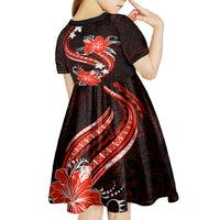 Red Polynesian Pattern With Tropical Flowers Kid Short Sleeve Dress LT05 - Polynesian Pride