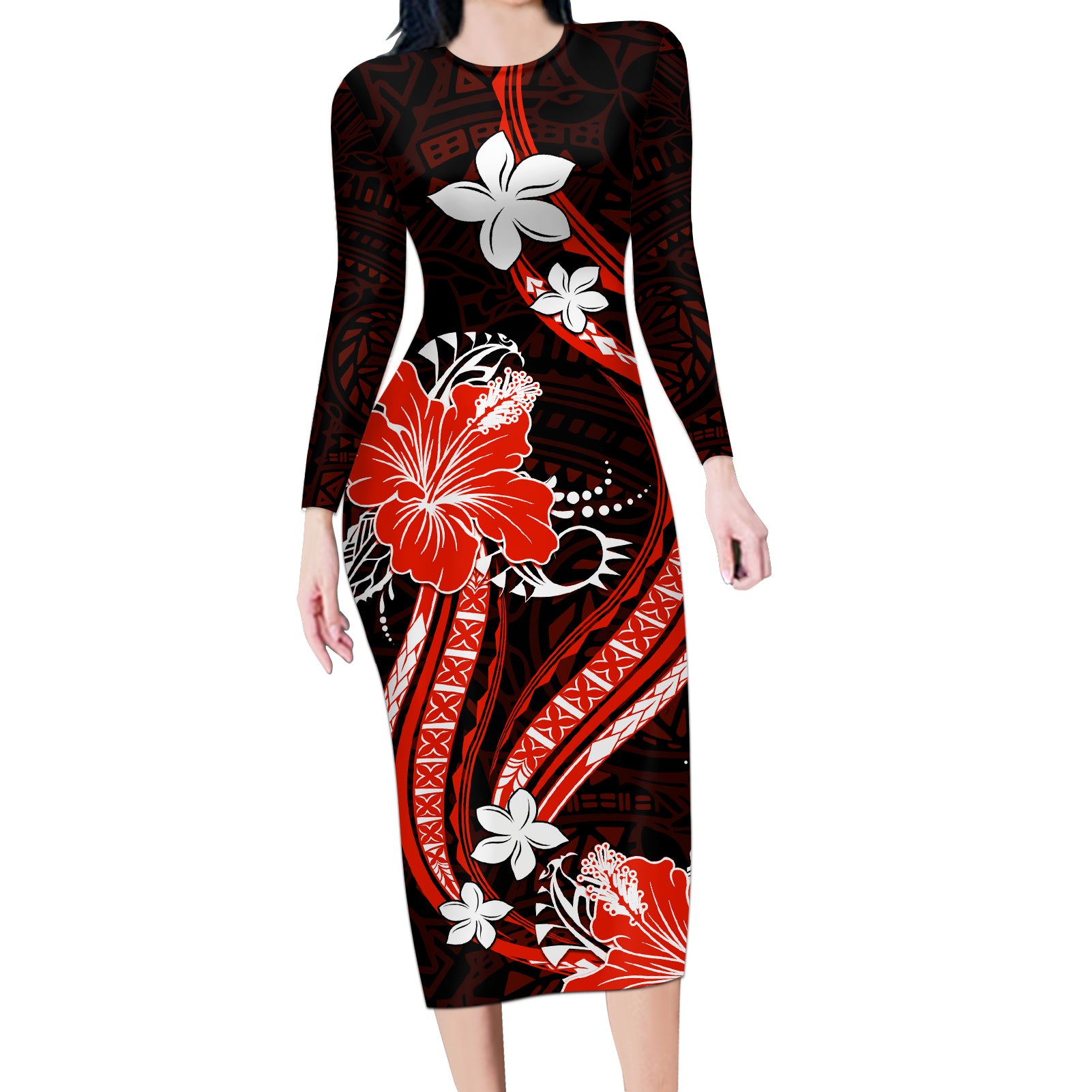 Red Polynesian Pattern With Tropical Flowers Long Sleeve Bodycon Dress LT05 Long Dress Red - Polynesian Pride