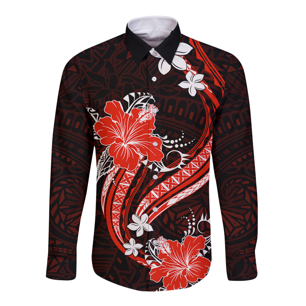 Red Polynesian Pattern With Tropical Flowers Long Sleeve Button Shirt LT05 Unisex Red - Polynesian Pride