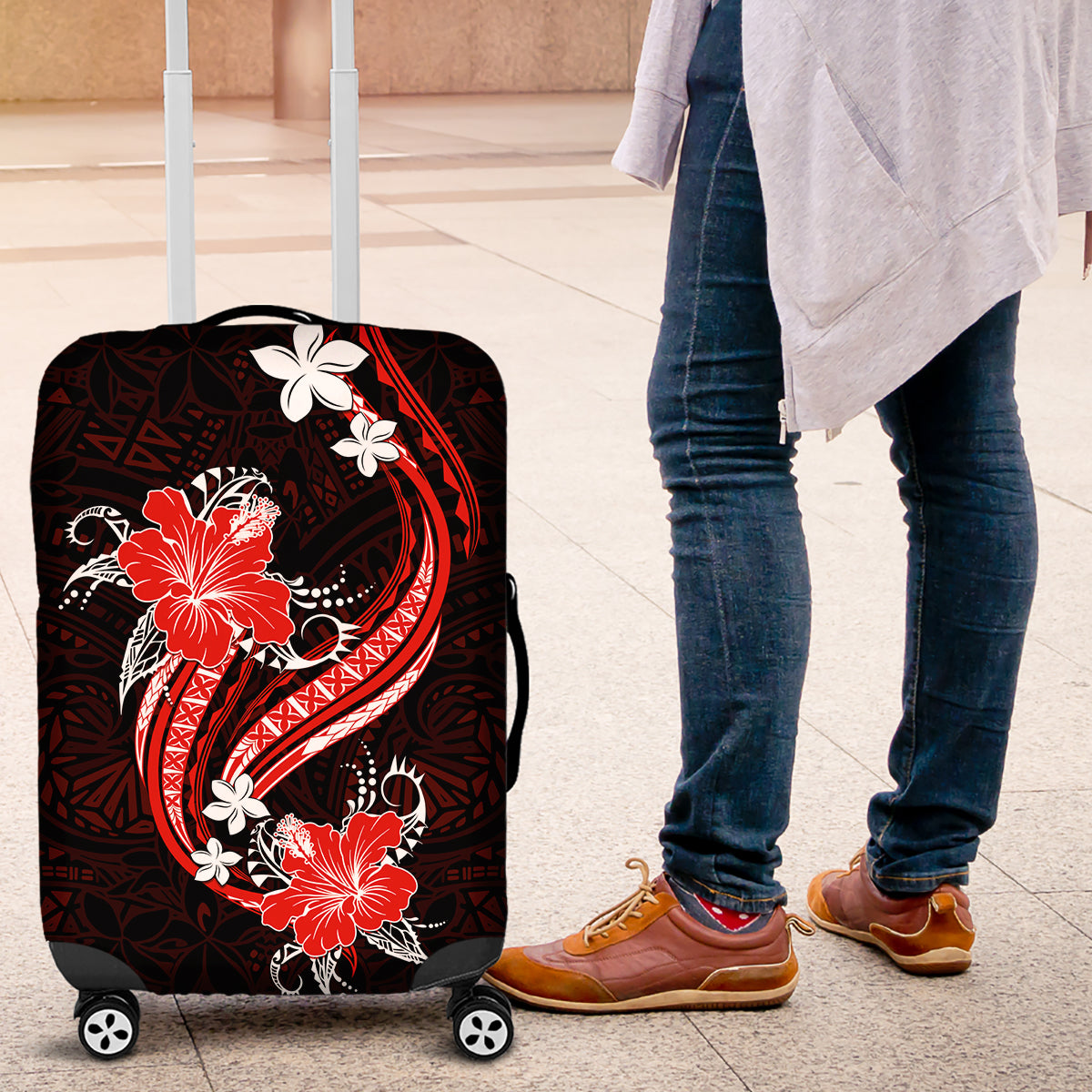 Red Polynesian Pattern With Tropical Flowers Luggage Cover LT05 Red - Polynesian Pride