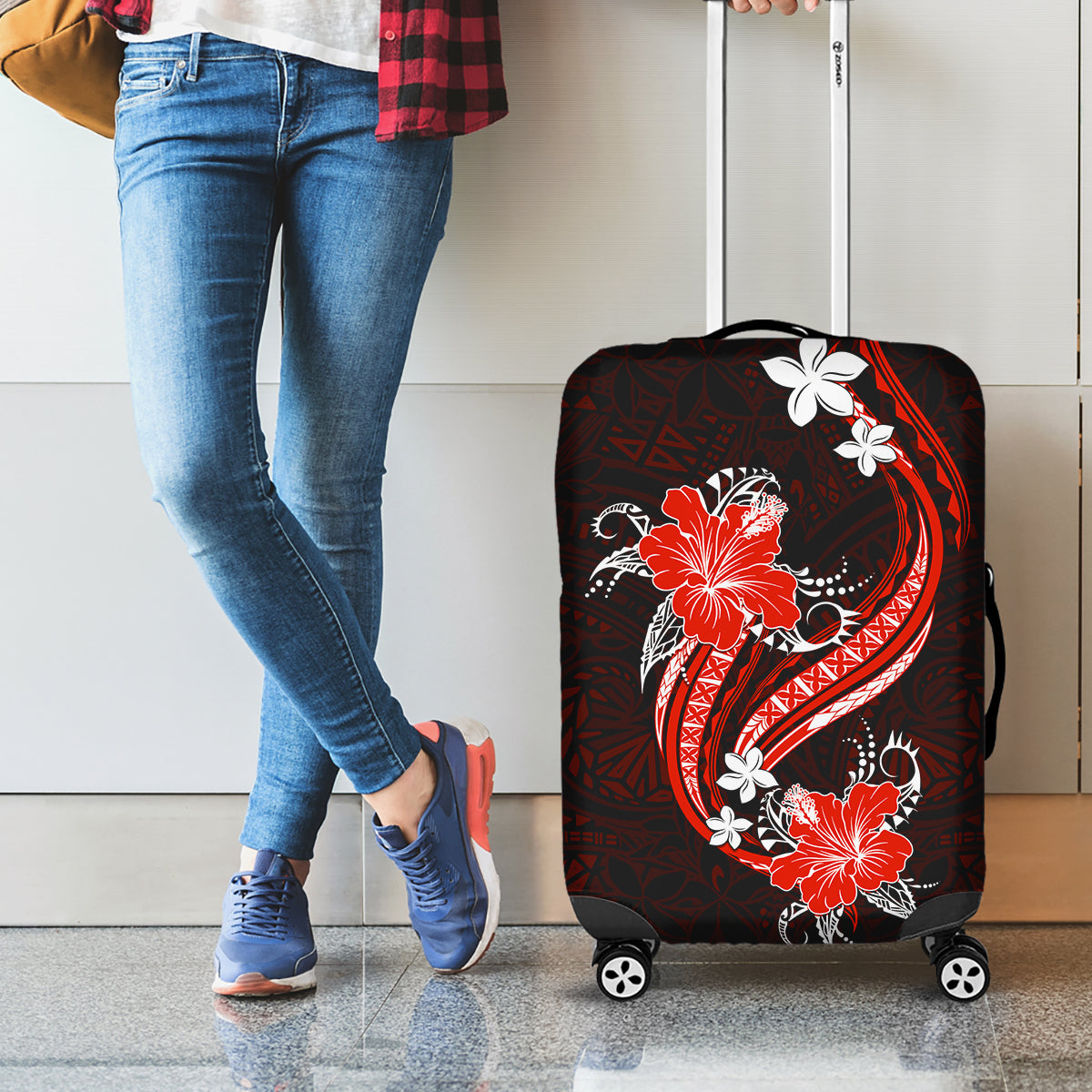 Red Polynesian Pattern With Tropical Flowers Luggage Cover LT05 - Polynesian Pride