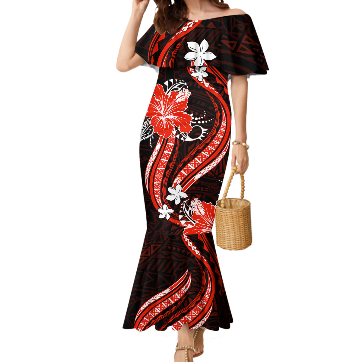 Red Polynesian Pattern With Tropical Flowers Mermaid Dress LT05 Women Red - Polynesian Pride