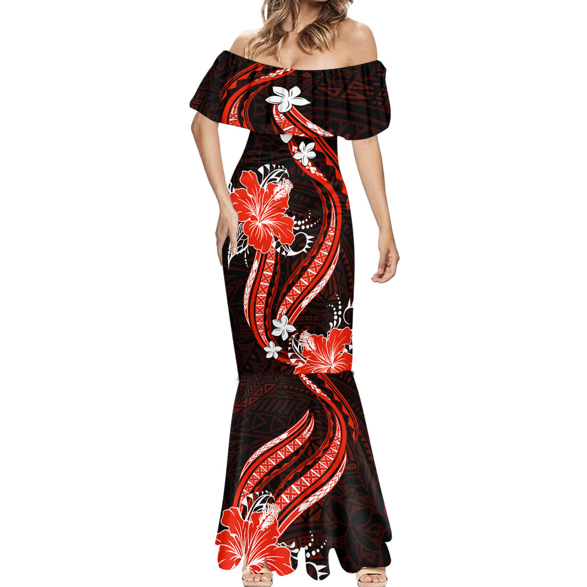Red Polynesian Pattern With Tropical Flowers Mermaid Dress LT05 - Polynesian Pride