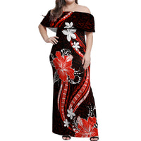 Red Polynesian Pattern With Tropical Flowers Off Shoulder Maxi Dress LT05 Women Red - Polynesian Pride