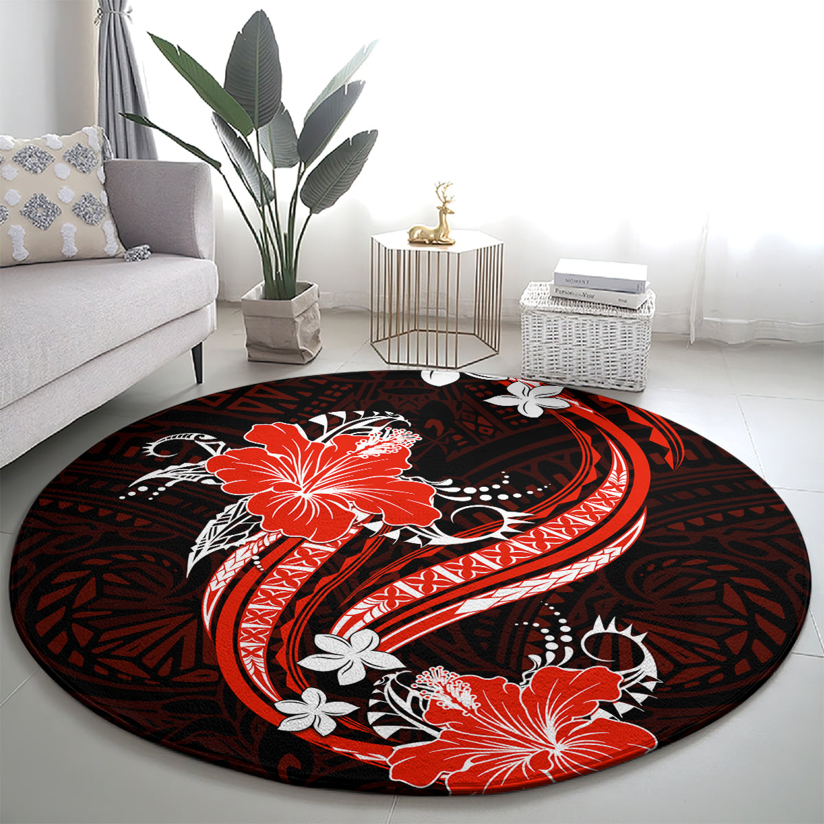 Red Polynesian Pattern With Tropical Flowers Round Carpet LT05 - Polynesian Pride